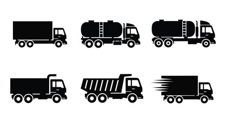 A collection of six black truck silhouettes including tankers dump trucks and delivery vehicles presented in a row silhouette high quality © rabbivay