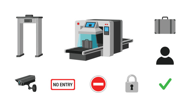 Various airport security icons including a metal detector, X-ray scanner, and signs are displayed on a light background.