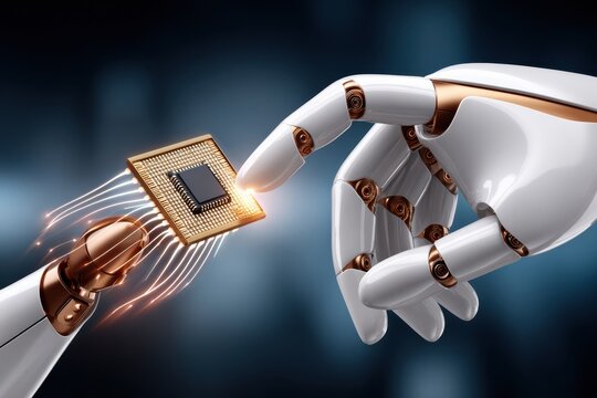 Robotic hand holds a modern microchip, highlighting robotics, technology, and advanced electronics for the future