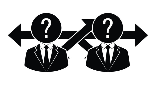 Two anonymous business figures with question marks for heads face opposite directions, connected by crossing bidirectional arrows indicating complex communication.