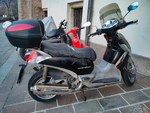 Monte-Carlo, Monaco - March 09, 2026: The Aprilia Scarabeo 250 scooter at Monte-Carlo, Monaco