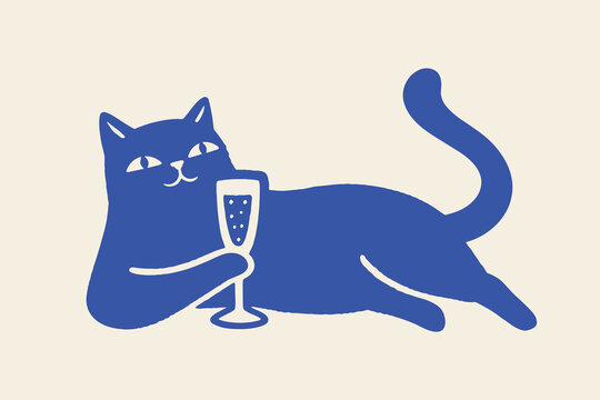 Cat with champagne glass naive hand drawn vector illustration
