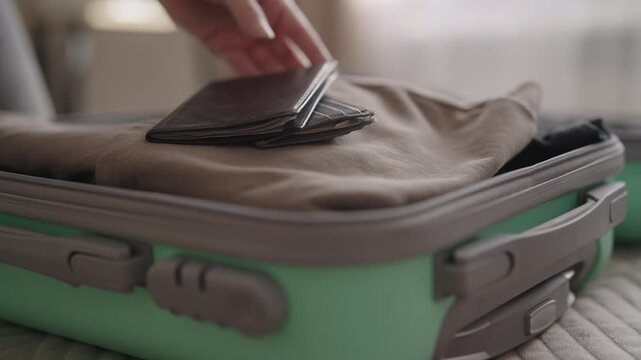 Close up of person hand placing passport and other essential travel documents inside suitcase on top of folded clothes, packing for upcoming trip or vacation. Concept of travel organization.
