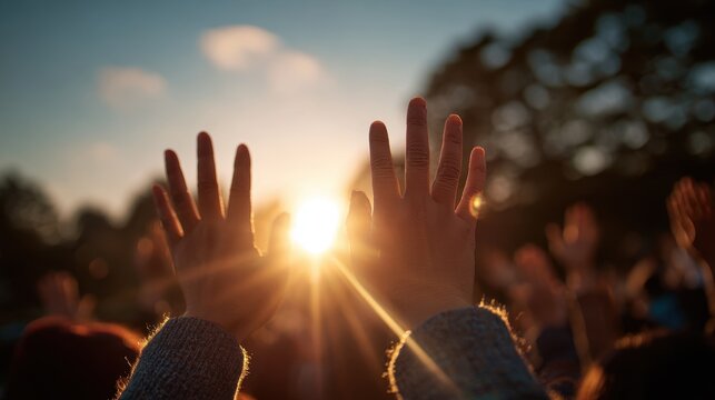 Hands raised toward a bright golden sun at golden hour