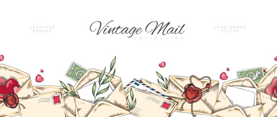 Naklejka premium Vintage mail hand drawn seamless border vector design, romantic letter envelopes, postage stamp and red wax seal sketch