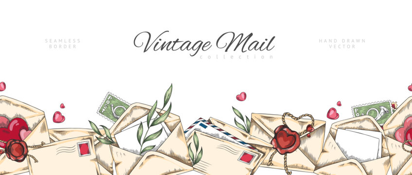 Vintage mail hand drawn seamless border vector design, romantic letter envelopes, postage stamp and red wax seal sketch