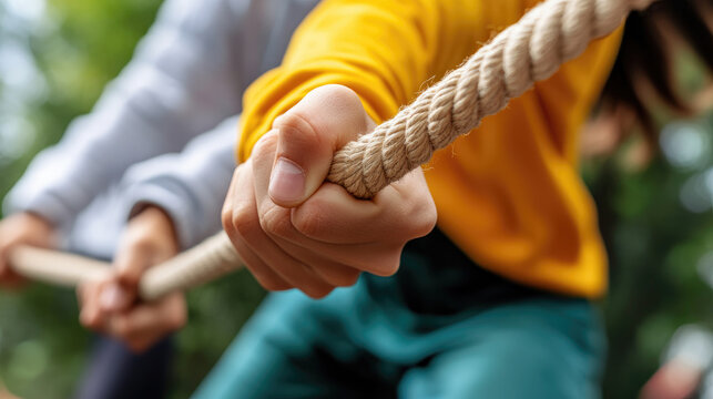 Children's hands pulling a thick rope during a tug of war game, representing concepts of teamwork, strength, and competitive spirit at a summer camp outdoor activity