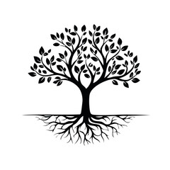 Obraz premium Stylized Black Tree Silhouette with Extensive Root System and Detailed Foliage