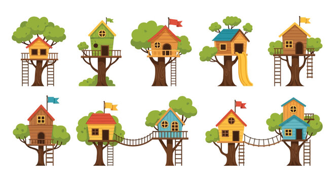 Colorful treehouses nestled amongst lush green trees a playful illustration