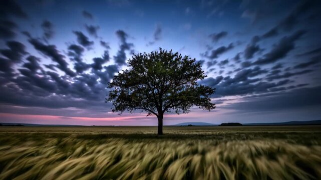 Single tree standing in a field at twilight with dramatic clouds