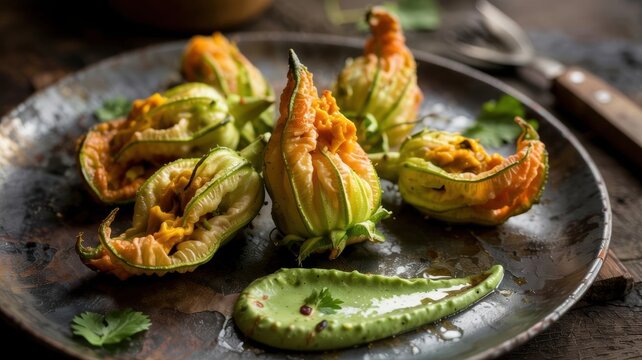 An exquisite delicacy &mdash; stuffed zucchini flowers. It is a popular dish of Mediterranean cuisine, especially loved in Italy (Fiori di Zucca) and Greece.