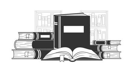 A stack of books with an open book in front against bookshelves © Naksha