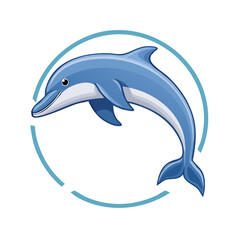 Obraz premium Cartoon jumping dolphin in abstract blue circle symbol illustration