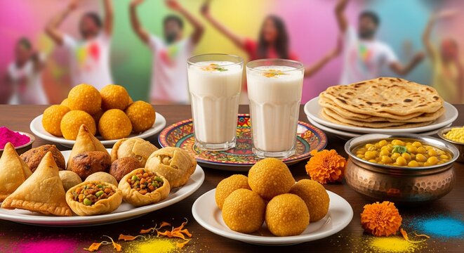 Festive Holi celebration with traditional Indian sweets flatbread and lassi drinks against a vibrant background with dancing figures