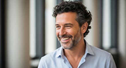 Obraz premium Attractive mature man with curly hair smiling confidently in a light blue striped shirt portrait style shot looking off to the side