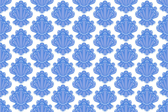 Seashell seamless pattern, blue marine shell repeat background, ocean nautical texture, minimalist flat vector illustration, coastal beach design for fabric, wallpaper, packaging