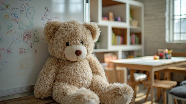 Cozy teddy bear behind a whiteboard in a bright classroom corner