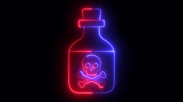 Glowing neon Poison bottle icon isolated on black background. Bottle of poison or poisonous chemical toxin. Skull Crossbones Poison Bottle Icon for Danger Hazardous Materials Toxic Substances.