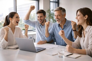 Fototapeta premium Four enthusiastic business professionals, two men and two women, joyfully celebrate a significant achievement or successful deal around a laptop in a bright modern office.