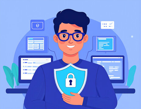 A flat vector illustration of a smiling man with glasses holding a shield with a lock icon, surrounded by screens and data floating on a blue background, representing cybersecurity.