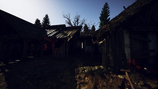 dark cottage threshold revealing wooden ladder and narrow doorway, interior glow absent, preservationist mapping structure, heavy shadows and textured beams,