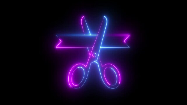 glowing neon Grand opening icon, ribbon cutting icon isolated on black background. Grand opening with scissors cutting ribbon for business inauguration and celebration events. 4k video animation.