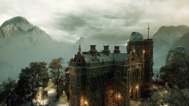 Moody fortress silhouette against alpine ridges, imposing rooftop and towers cut into mist, dramatic cloudy sky, strong architectural lines and cinematic