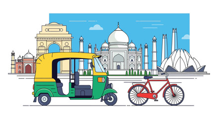 An illustrated cityscape of india features iconic landmarks and transportation displayed as a flat silhouette high quality professional detailed modern elegant