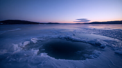 Fototapeta premium Frozen Landscape at Dusk with Open Water: A Northern Winter Scene Featuring Ice, Snow, and a Calm Body of Water Under a Twilight Sky