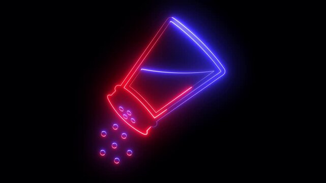 glowing neon salt shaker icon isolated on black background. Baking and cooking ingredient. Food seasoning. Kitchen utensils salt shaker. 4k video animation.