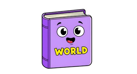 A purple cartoon book with a smiling face and the word world on the cover isolated on white background