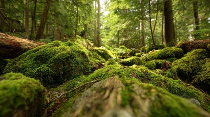 Fototapeta premium Lush Green Moss on Rocks and Logs