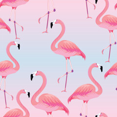 Fototapeta premium Tropical seamless pattern with flamingos. Vector illustration. Summer background