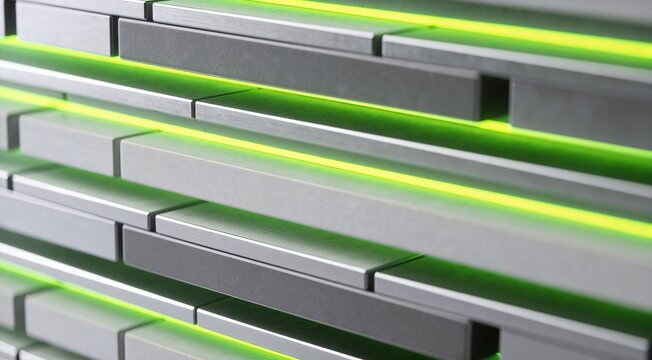 Macro photography of advanced solid-state energy storage stack with sleek grey ceramic and metallic plates, neon green edge-light, minimalist corporate B2B photorealistic visualization