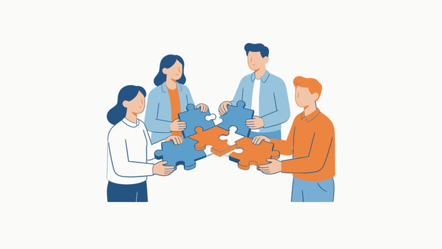 Four people assembling puzzle pieces