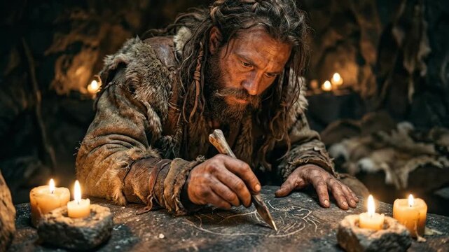 A video shows a caveman drawing on a stone with a piece of charcoal in a dark cave lit by candles.
