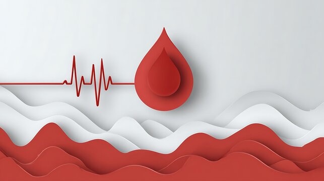 A medical illustration of a red blood drop with a heartbeat line on a white background