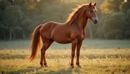 Obraz premium A majestic red horse with a long flowing mane and a thick beautiful tail, standing proudly in an open field, shiny reddish coat glowing in sunlight, elegant posture, soft natural lighting, ultra rea
