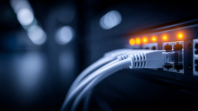 Ethernet cables connected to a network switch representing internet infrastructure, data transfer, and reliable enterprise connectivity.
