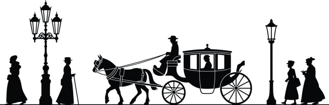 Black and white silhouette illustration of horse-drawn carriage with pedestrians and vintage street lamps, symbolizing history, fashion, and 19th century urban life.