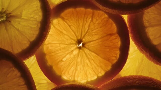 Rotating citrus slices form abstract glowing texture with detailed translucent structure. Backlight enhances pattern creating seamless dynamic background for design motion and modern visuals