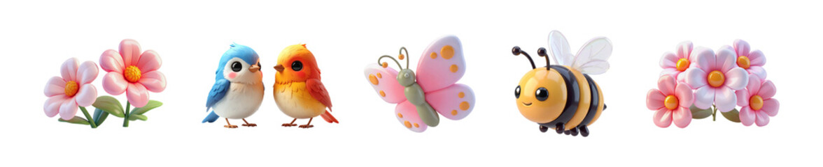 Fototapeta premium 3d spring garden nature icons set, glossy plastic flowers, cute birds, butterfly and bee in claymorphism style isolated. 3d rendering. PNG transparent background