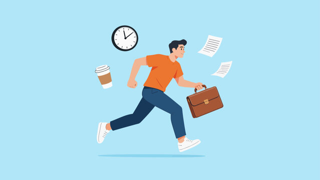 Man running with briefcase and coffee