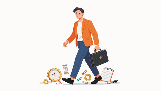 Businessman with briefcase and office items