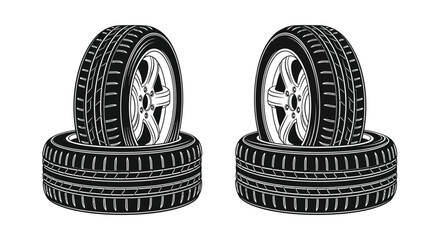 Two stacks of car tires black and white illustration with detailed tread patterns © Saidul_Studio1984
