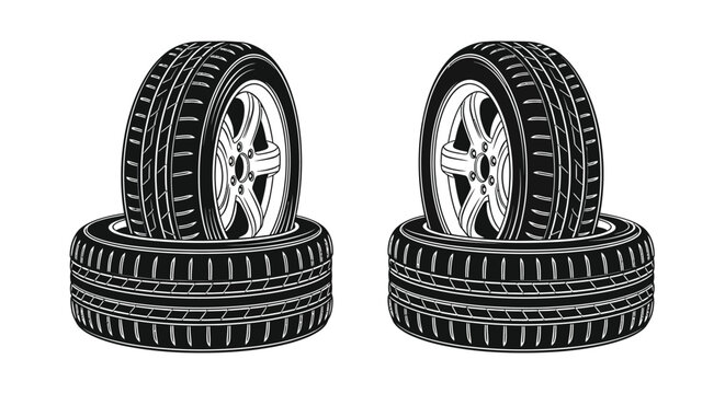 Two stacks of car tires black and white illustration with detailed tread patterns