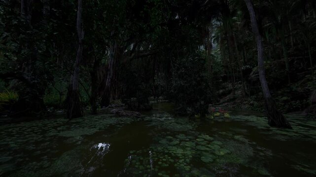 Moonlit marsh with lone heron hunting through shallow water and lily clusters, silent stalk and careful wading create tense wildlife moment perfect