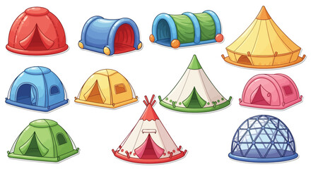 Colorful collection of various cartoon tents and shelters isolated on white © HOLYLINE ART