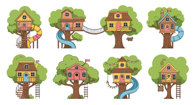 Colorful treehouses connected by bridges and slides in a playful scene