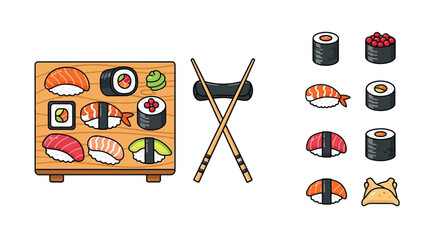 A colorful arrangement of various sushi rolls and accompanying accessories © HOLYLINE ART
